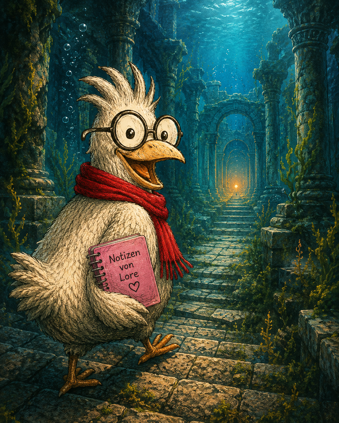 Lore, das Huhn, mit großer runder Brille, rotem Schal und rosa Notizbuch in einer versunkenen Unterwasserruine.